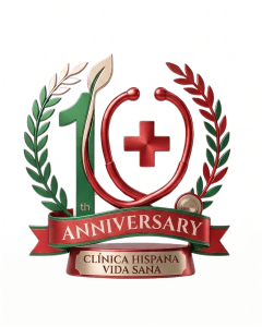 logo 10mo aniversario de Clinica Hispana Vida Sana