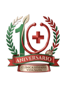 logo 10mo aniversario de Clinica Hispana Vida Sana