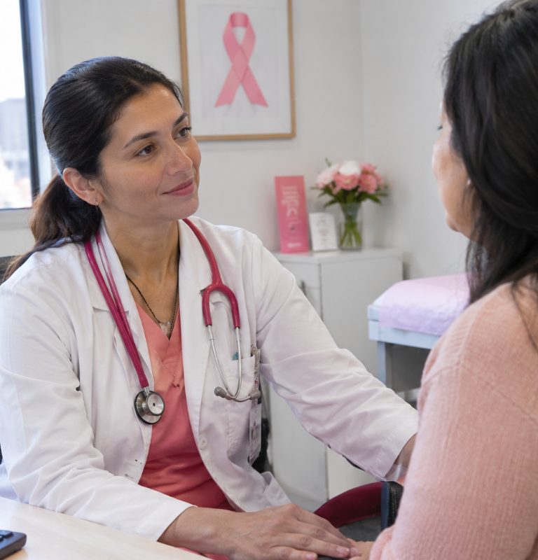 Profesional de salud conversando con una paciente sobre prevención del cáncer de mama